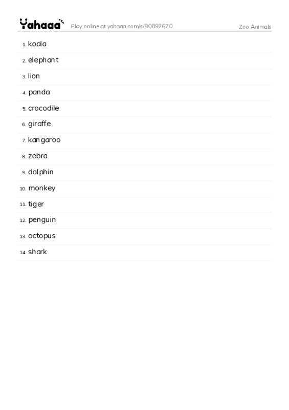 Zoo Animals PDF words glossary