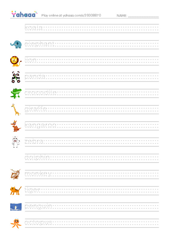 Zoo Animals PDF write between the lines worksheet