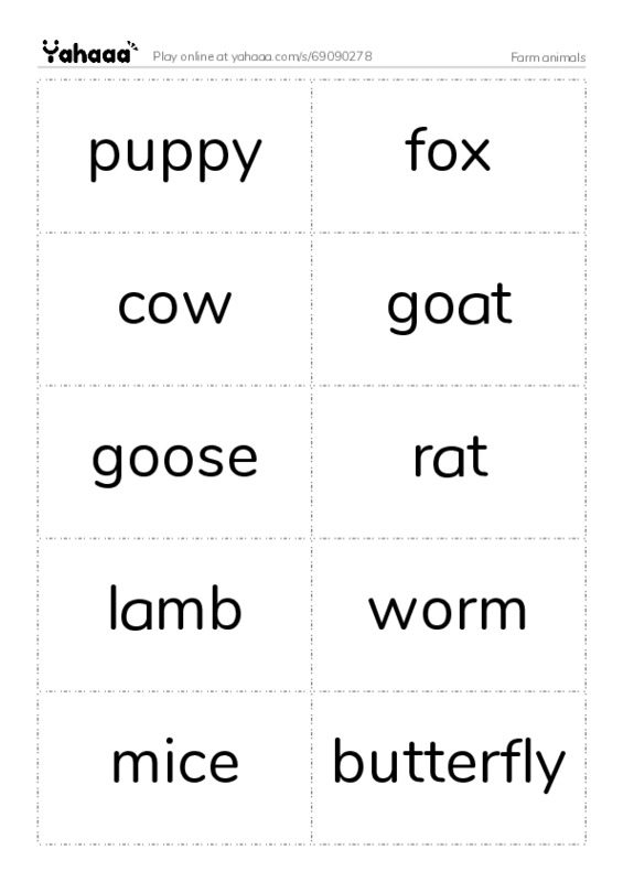 Farm animals PDF two columns flashcards