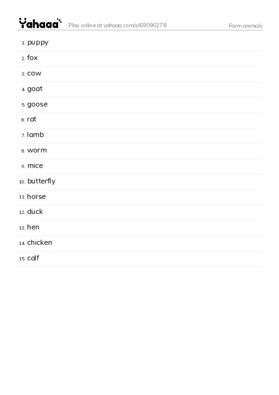 Farm animals PDF words glossary