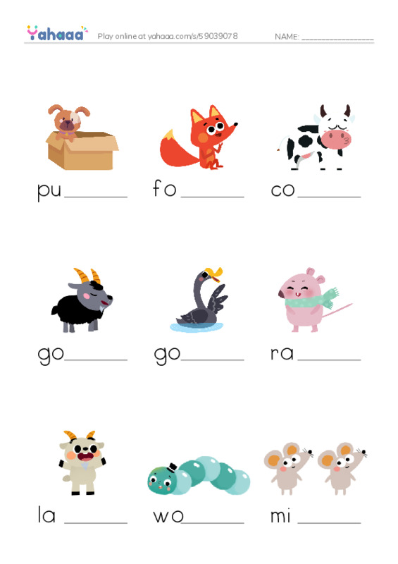 Farm animals PDF worksheet to fill in words gaps
