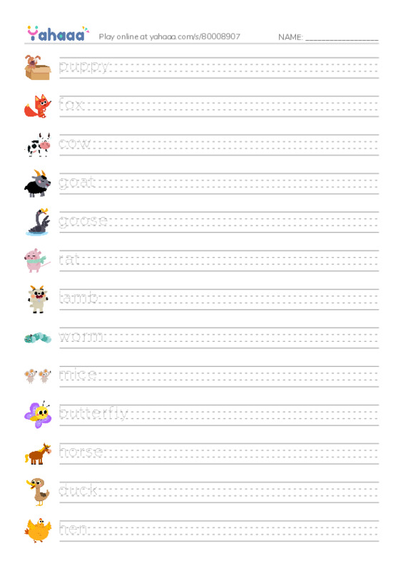 Farm animals PDF write between the lines worksheet
