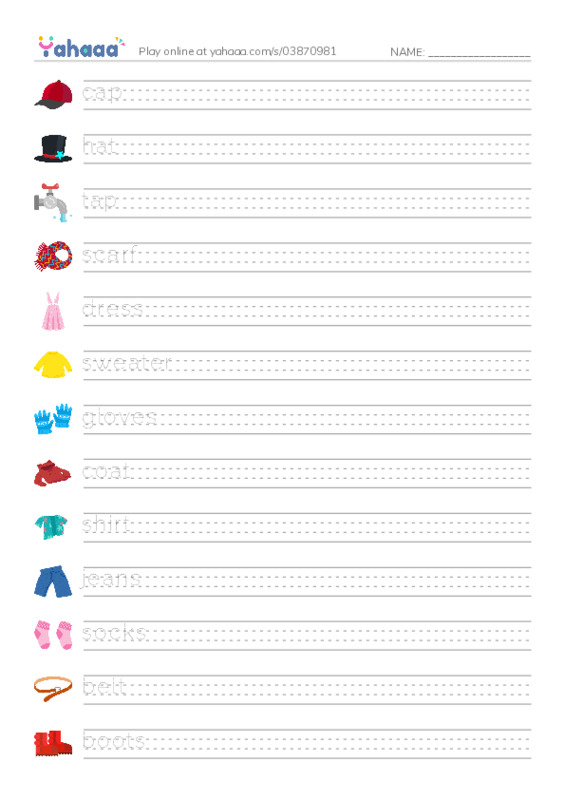 Clothes PDF write between the lines worksheet