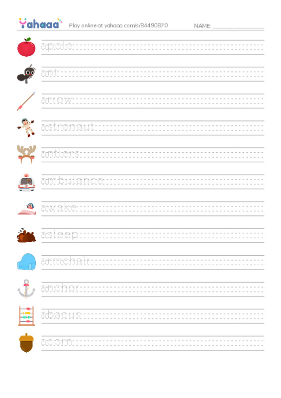 Words in A PDF write between the lines worksheet