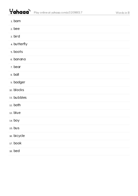 Words in B PDF words glossary