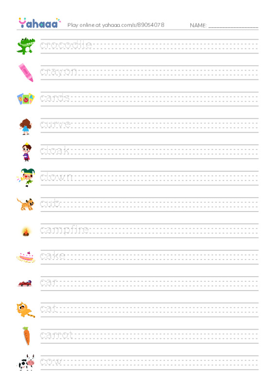 Words in C  PDF write between the lines worksheet