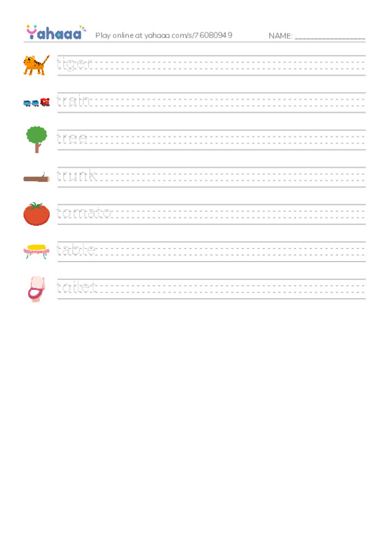Words in T PDF write between the lines worksheet