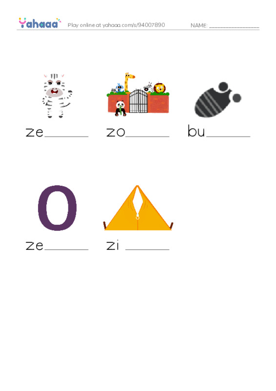 Z words PDF worksheet to fill in words gaps