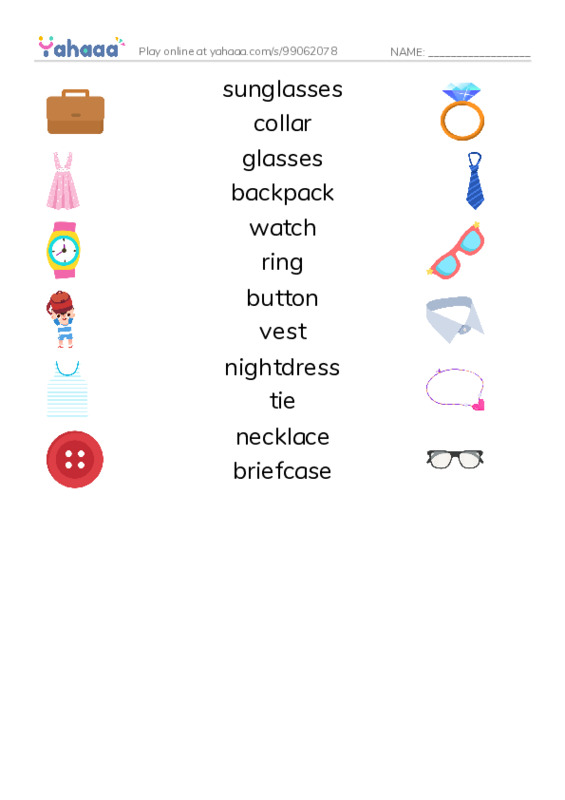 Fashion Accessories PDF three columns match words