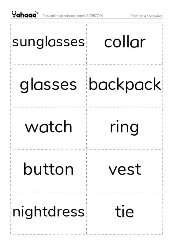 Fashion Accessories PDF two columns flashcards