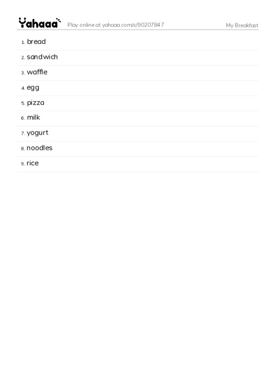 My Breakfast PDF words glossary