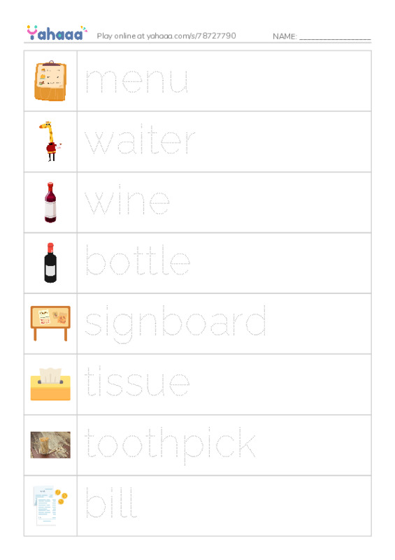 Restaurant vocabulary PDF one column image words