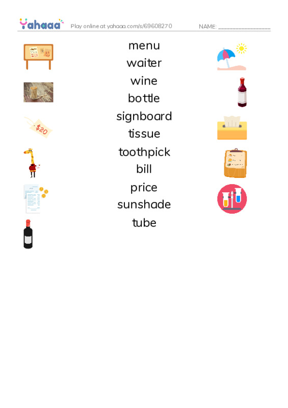 Restaurant vocabulary PDF three columns match words