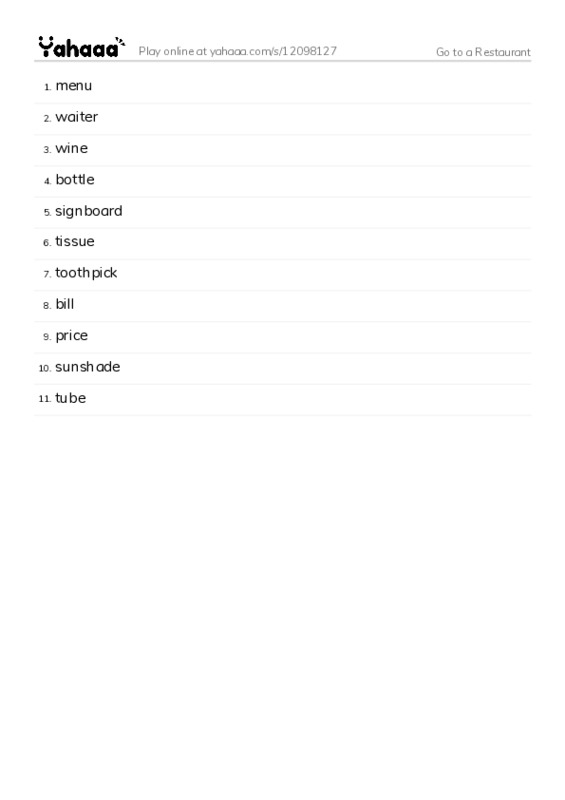 Restaurant vocabulary PDF words glossary