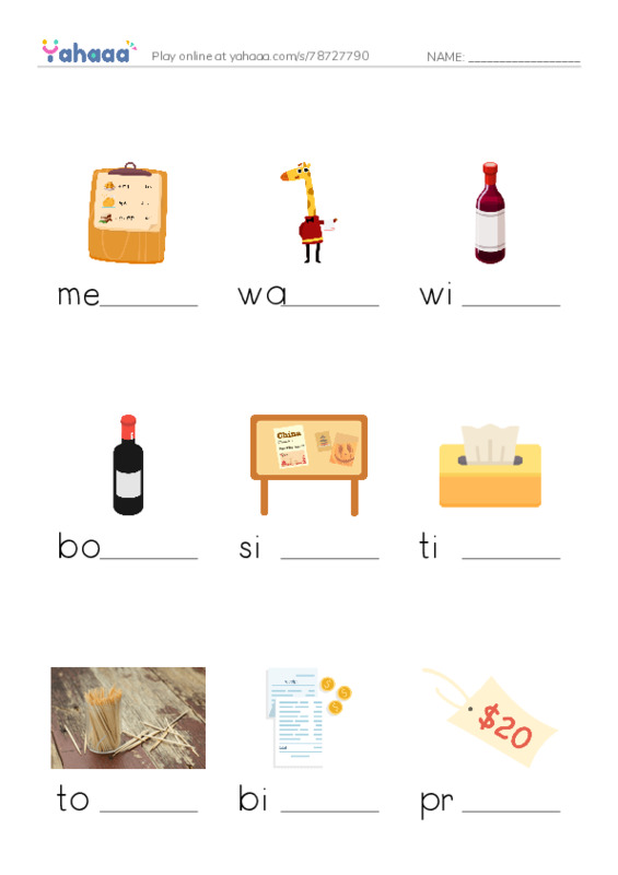 Restaurant vocabulary PDF worksheet to fill in words gaps