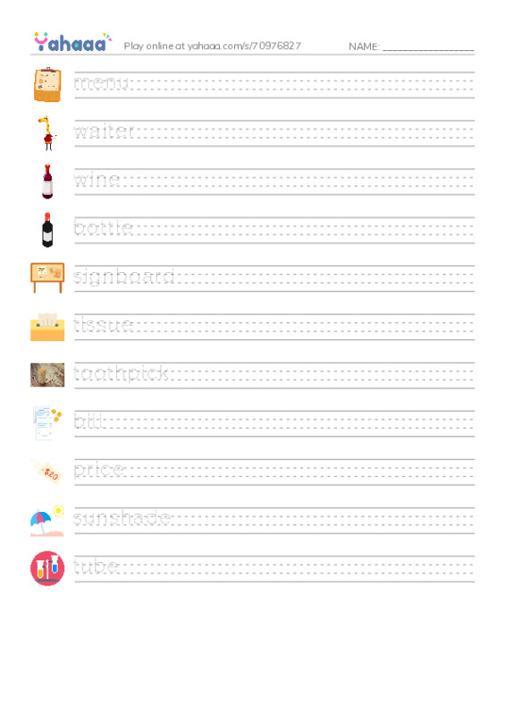 Restaurant vocabulary PDF write between the lines worksheet