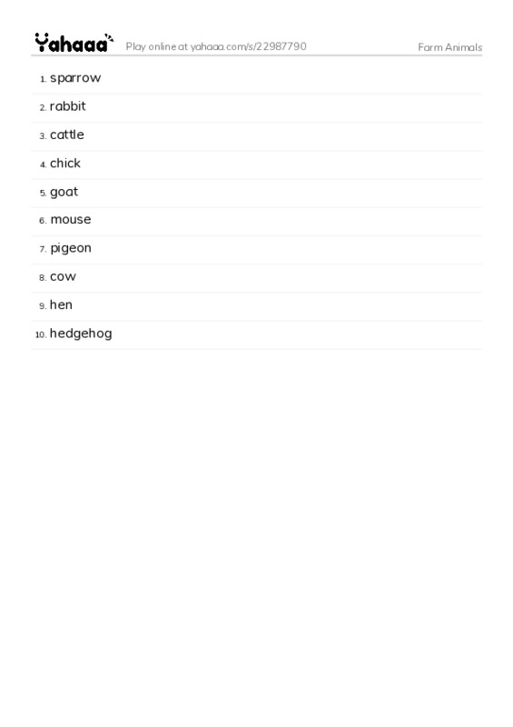 Farm Animals PDF words glossary