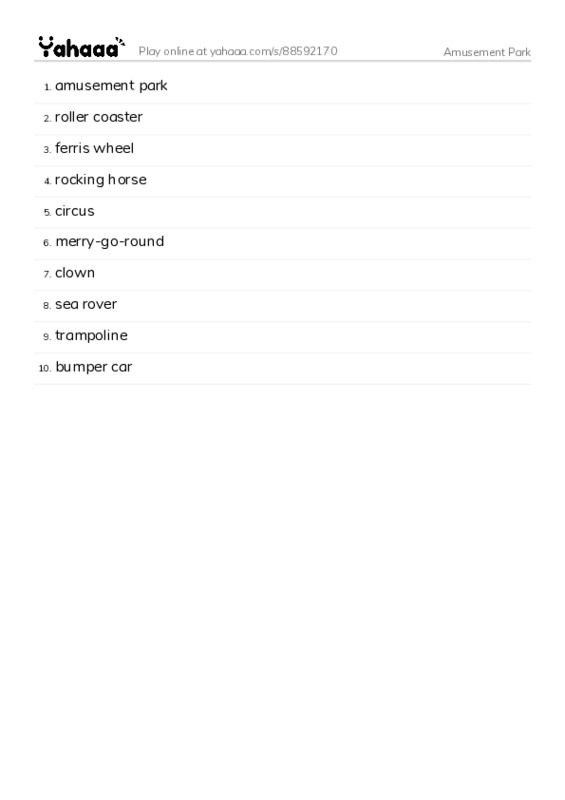 Amusement Park PDF words glossary