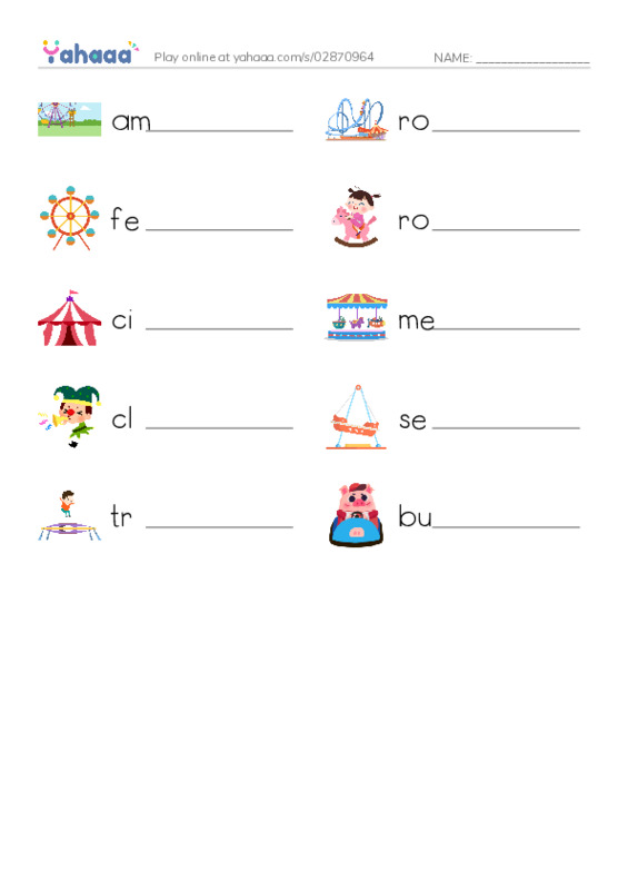 Amusement Park PDF worksheet writing row