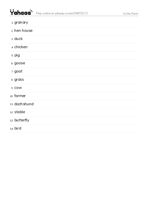 In the Farm PDF words glossary