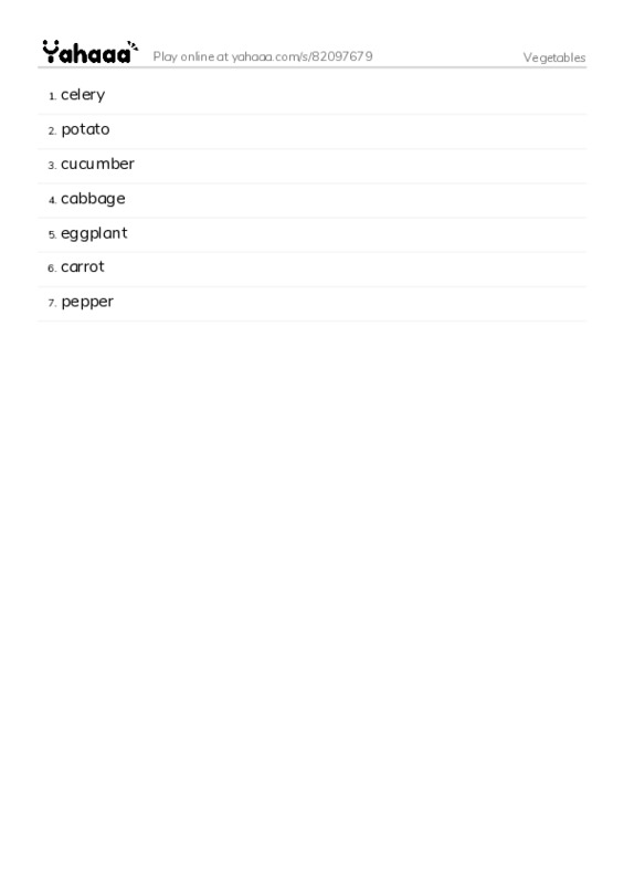 Types of Vegetables PDF words glossary