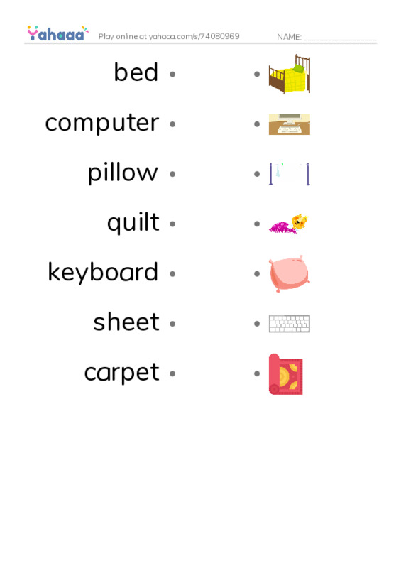 In the Bedroom PDF link match words worksheet