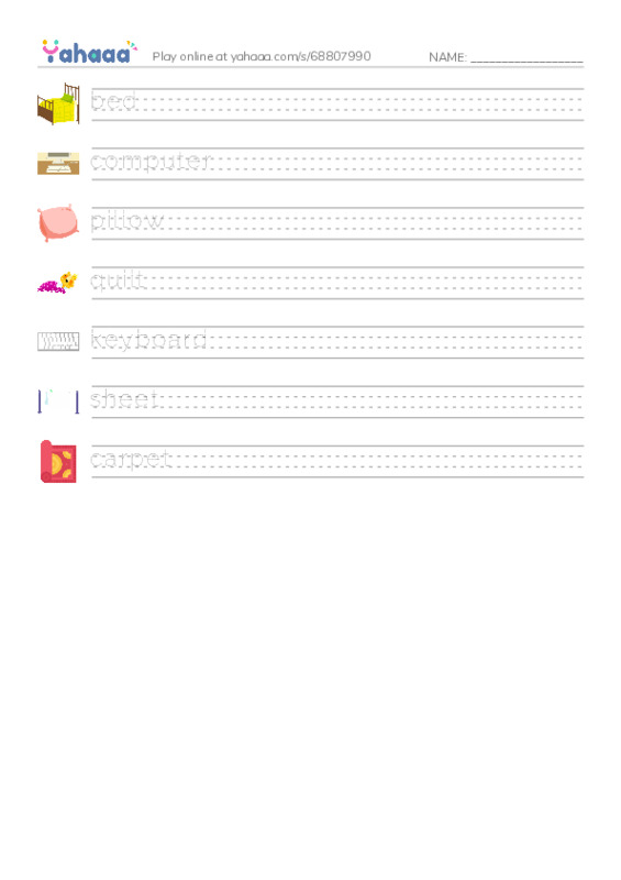 In the Bedroom PDF write between the lines worksheet