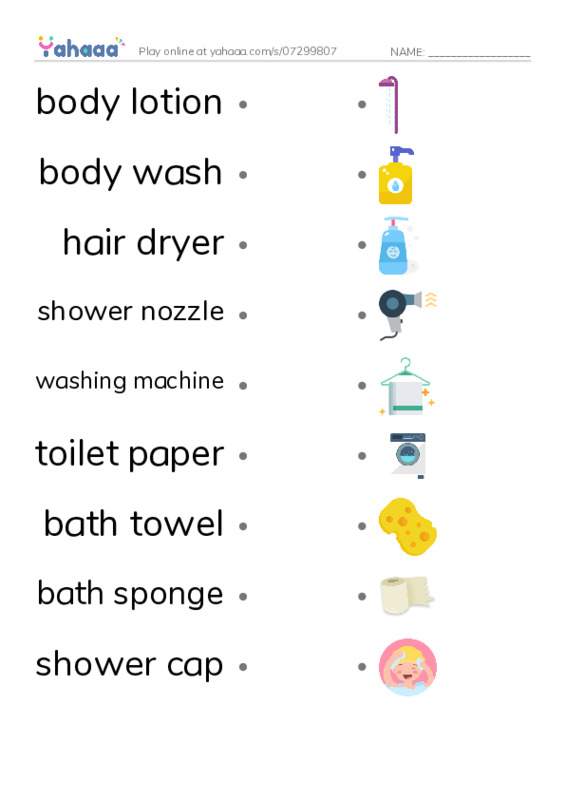 Having a Bath PDF link match words worksheet
