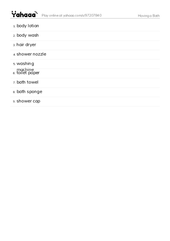 Having a Bath PDF words glossary
