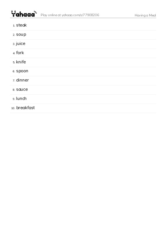 Having a Meal PDF words glossary