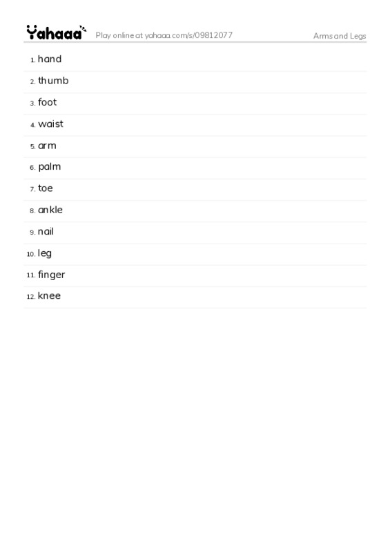 Arms and Legs PDF words glossary