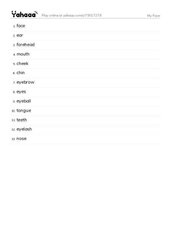 My Face PDF words glossary