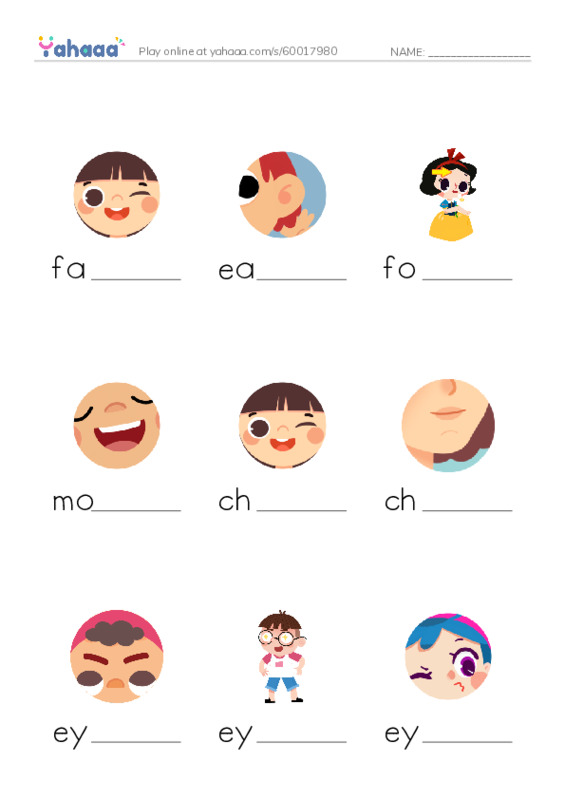 My Face PDF worksheet to fill in words gaps