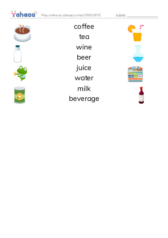 625 words to know in English: Beverages PDF three columns match words