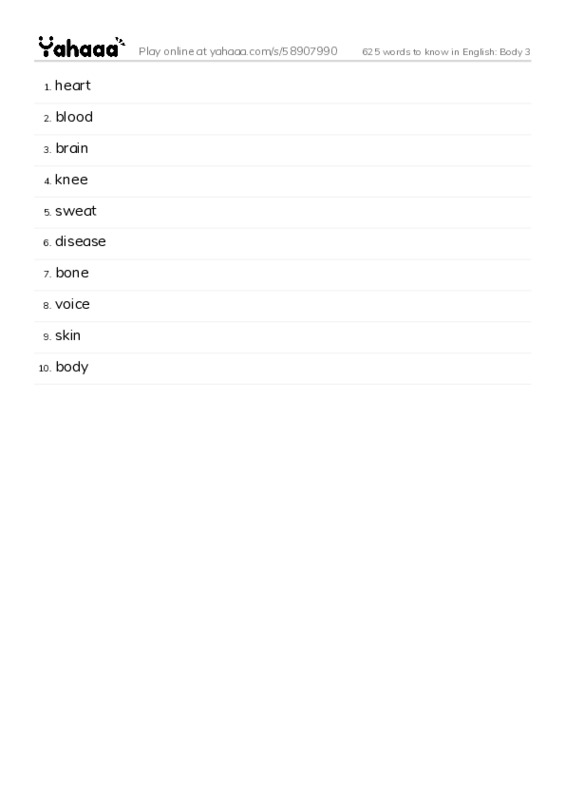 625 words to know in English: Body 3 PDF words glossary