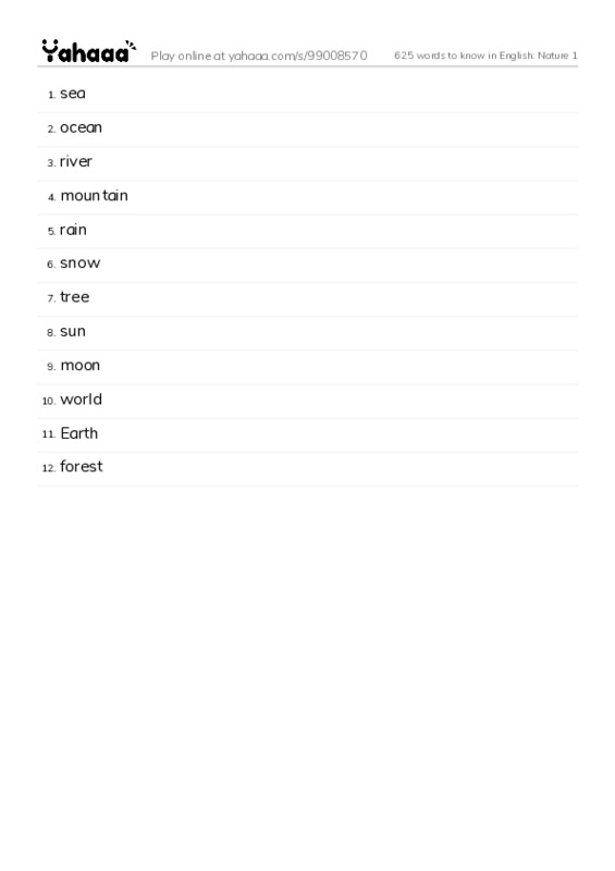 625 words to know in English: Nature 1 PDF words glossary