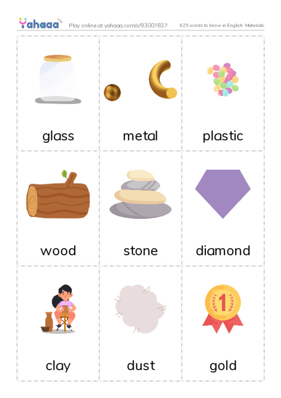 625 words to know in English: Materials PDF flaschards with images