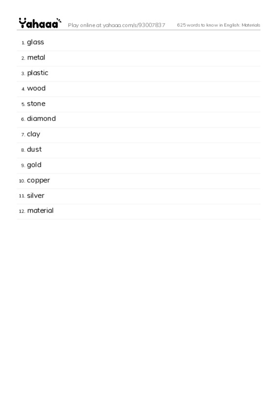 625 words to know in English: Materials PDF words glossary