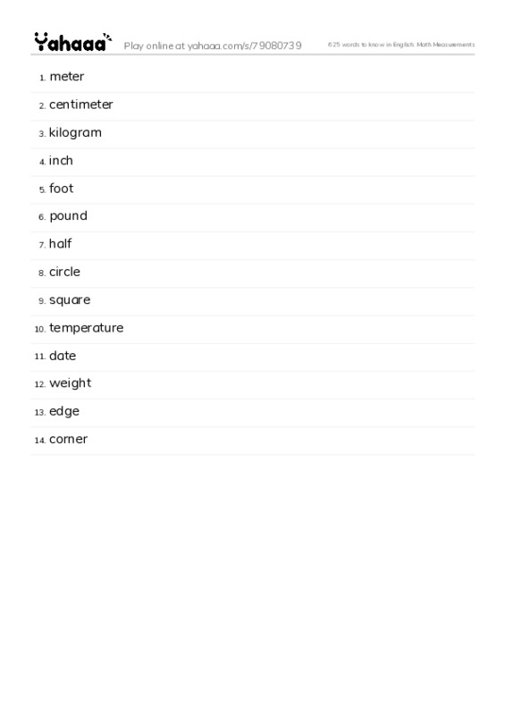 625 words to know in English: Math Measurements PDF words glossary