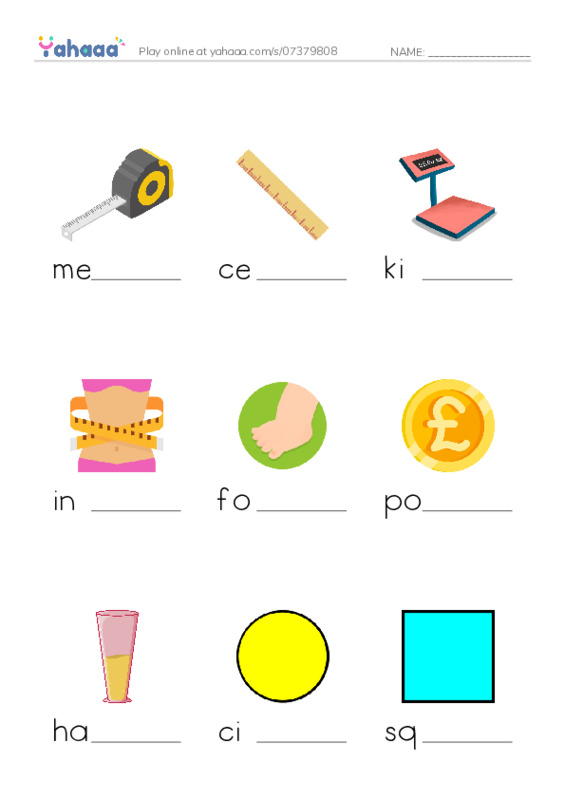 625 words to know in English: Math Measurements PDF worksheet to fill in words gaps