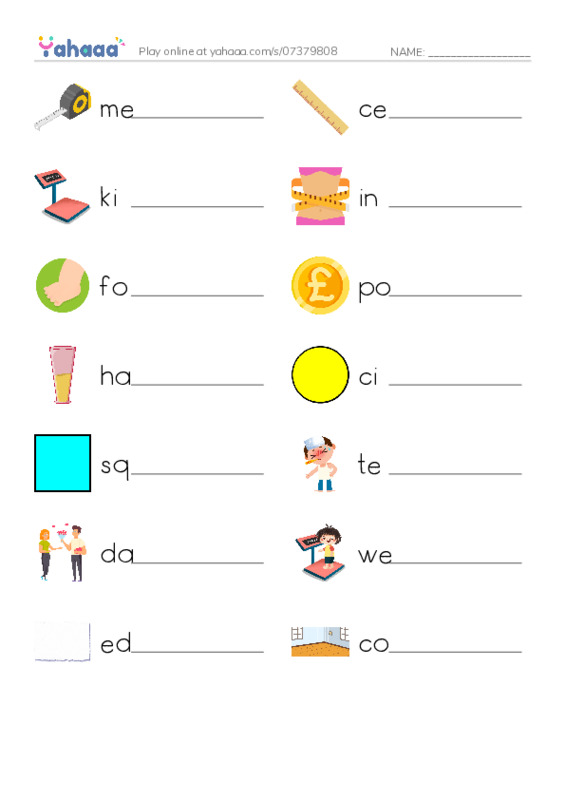 625 words to know in English: Math Measurements PDF worksheet writing row