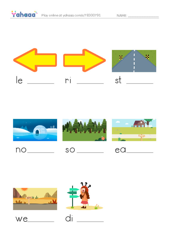 625 words to know in English: Directions 2 PDF worksheet to fill in words gaps