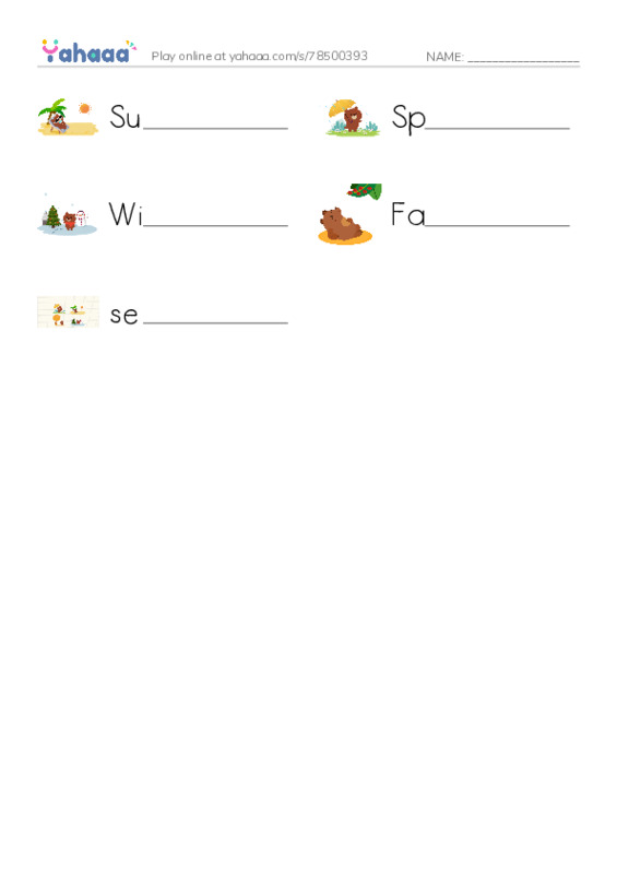 625 words to know in English: Seasons PDF worksheet writing row