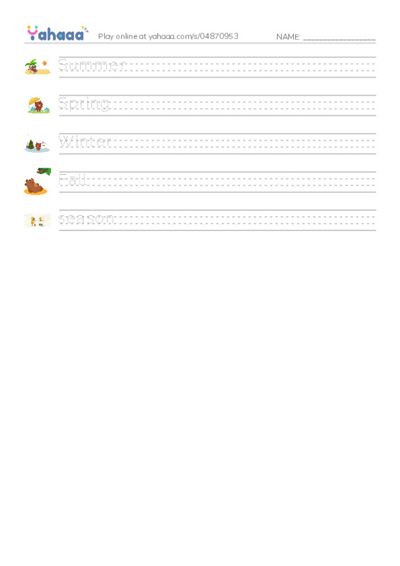 625 words to know in English: Seasons PDF write between the lines worksheet