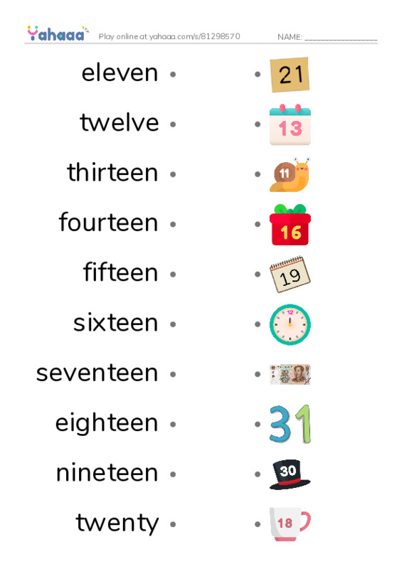 625 words to know in English: Numbers 2 PDF link match words worksheet