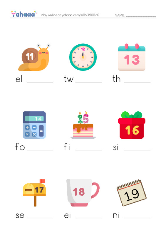 625 words to know in English: Numbers 2 PDF worksheet to fill in words gaps