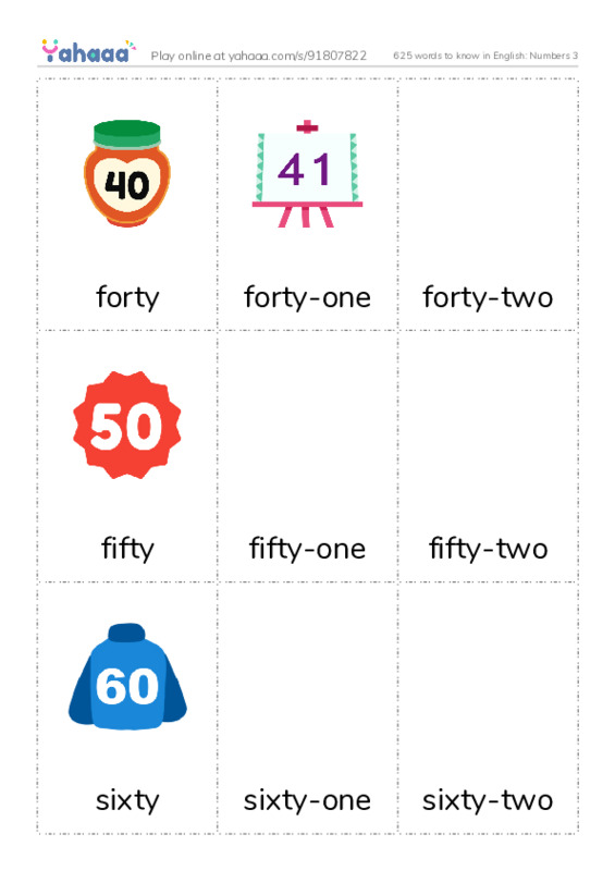 625 words to know in English: Numbers 3 PDF flaschards with images