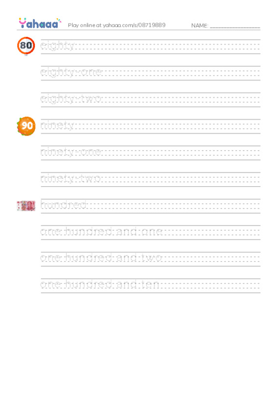 625 words to know in English: Numbers 4 PDF write between the lines worksheet