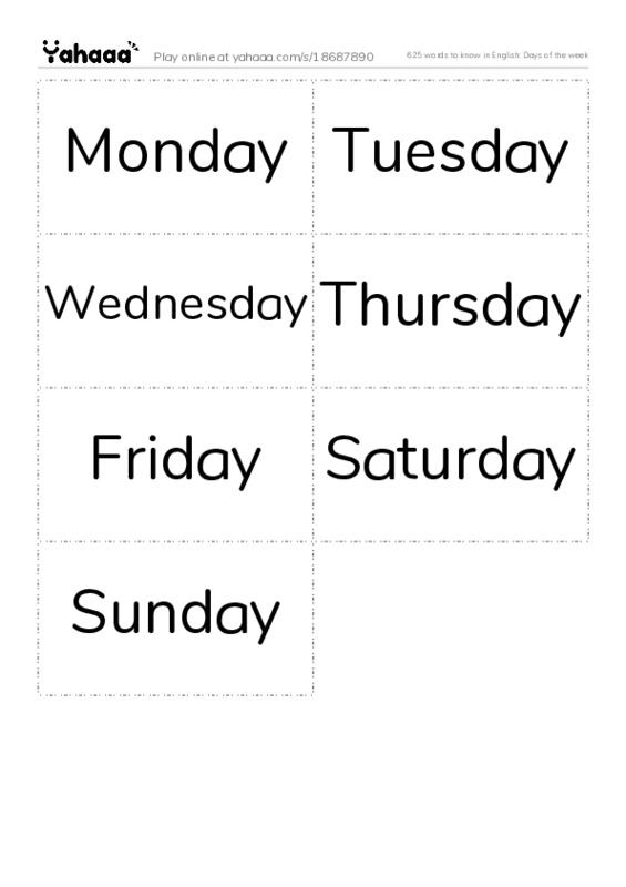 625 words to know in English: Days of the week PDF two columns flashcards