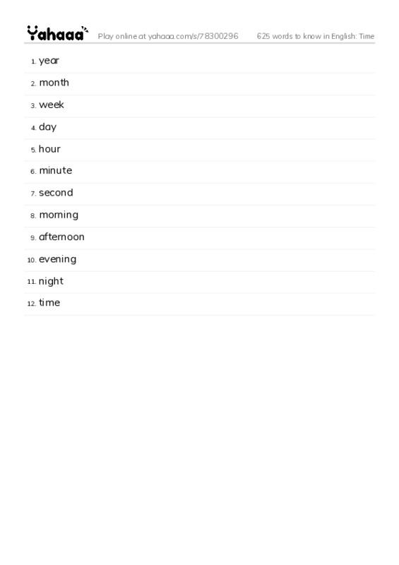 625 words to know in English: Time PDF words glossary
